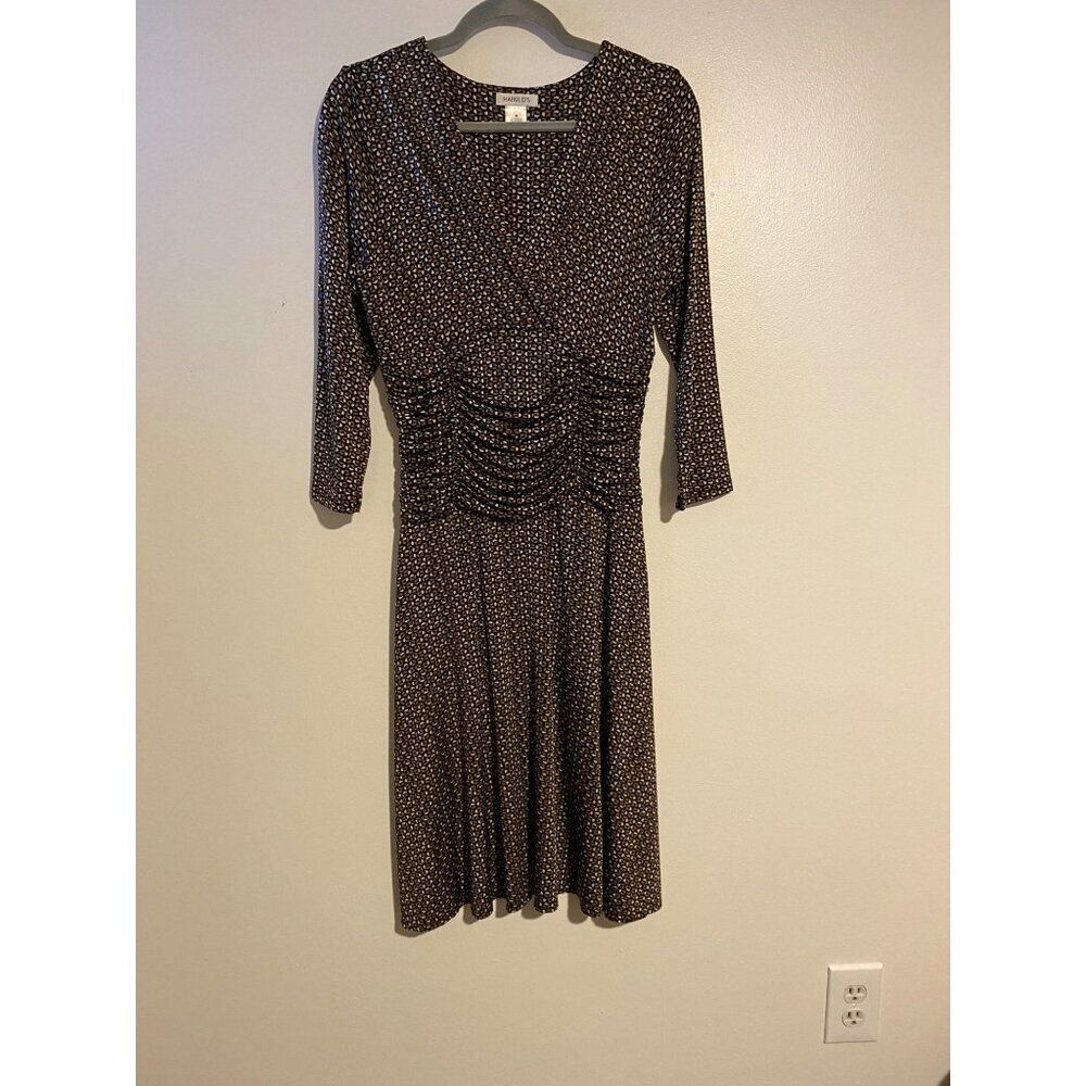 Harolds Womens M Brown Black Patterned Dress V Neck Ruched Stretch Waist Career